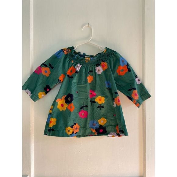 Hanna Andersson Other - Hanna Andersson Top Smock Neck 3/4 Sleeve Floral Ladybug Green Girls Kids Size 4
